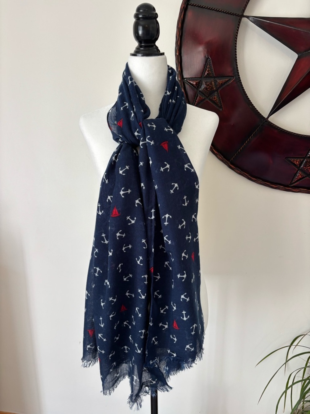 Nautical Coastal Grandma  Anchor Print Navy Scarf with Red Sail Accents